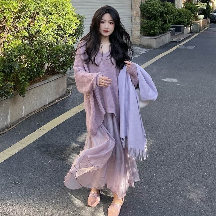 再入荷品セットアップ レディース ニット スカート 上下セット パープル タッセル 個性的 かわいい 大人可愛い レトロ 長袖 Vネック ローゲージ ロングスカート シフォン ニュアンス メロウ 清楚