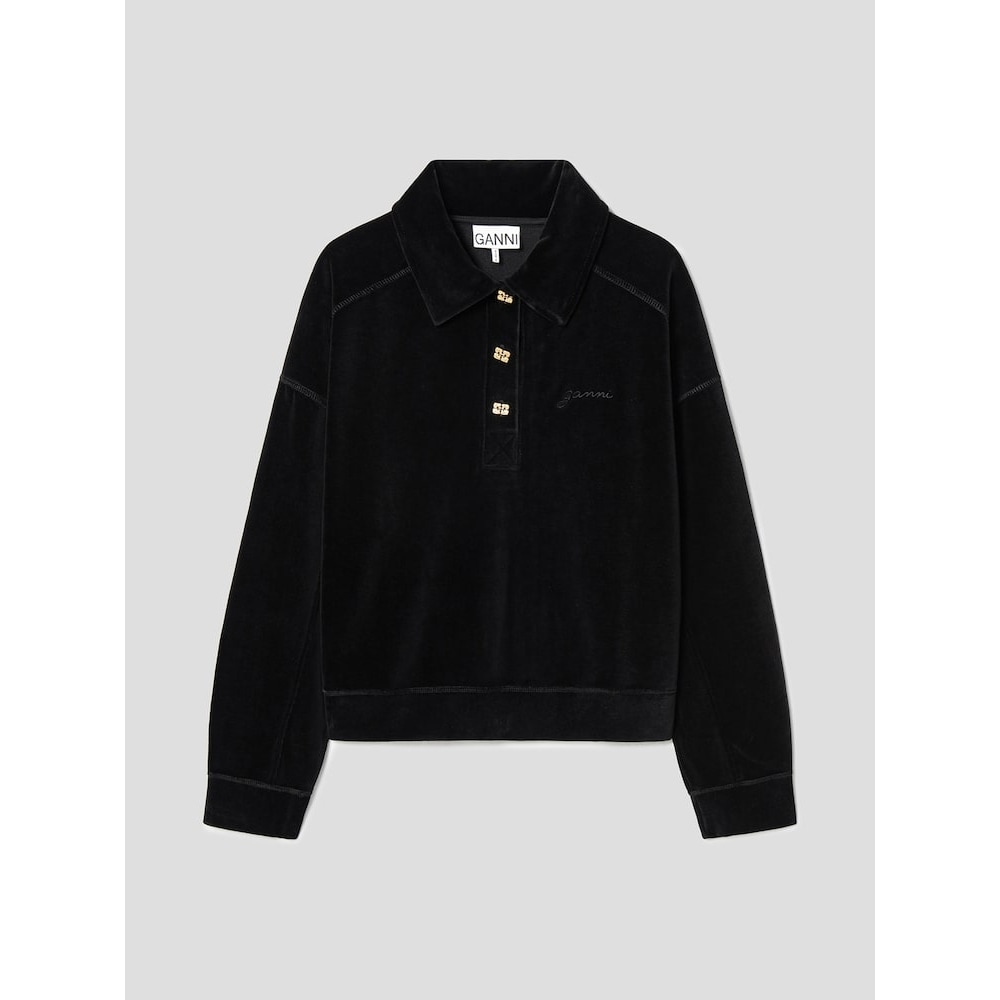 GANNI ヘビーベロアドロップショルダーポロシャツ-ブラック QN5141R065 41,057円