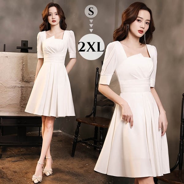 ミニ丈 ドレス 白 ショートドレス 袖あり 大きいサイズ 小さいサイズ Aライン カクテルドレス 半袖 ひざ上丈 パーティードレス 結婚式 母親 ドレス ピアノ 発表会 演奏会 披露宴 謝恩会 春 夏