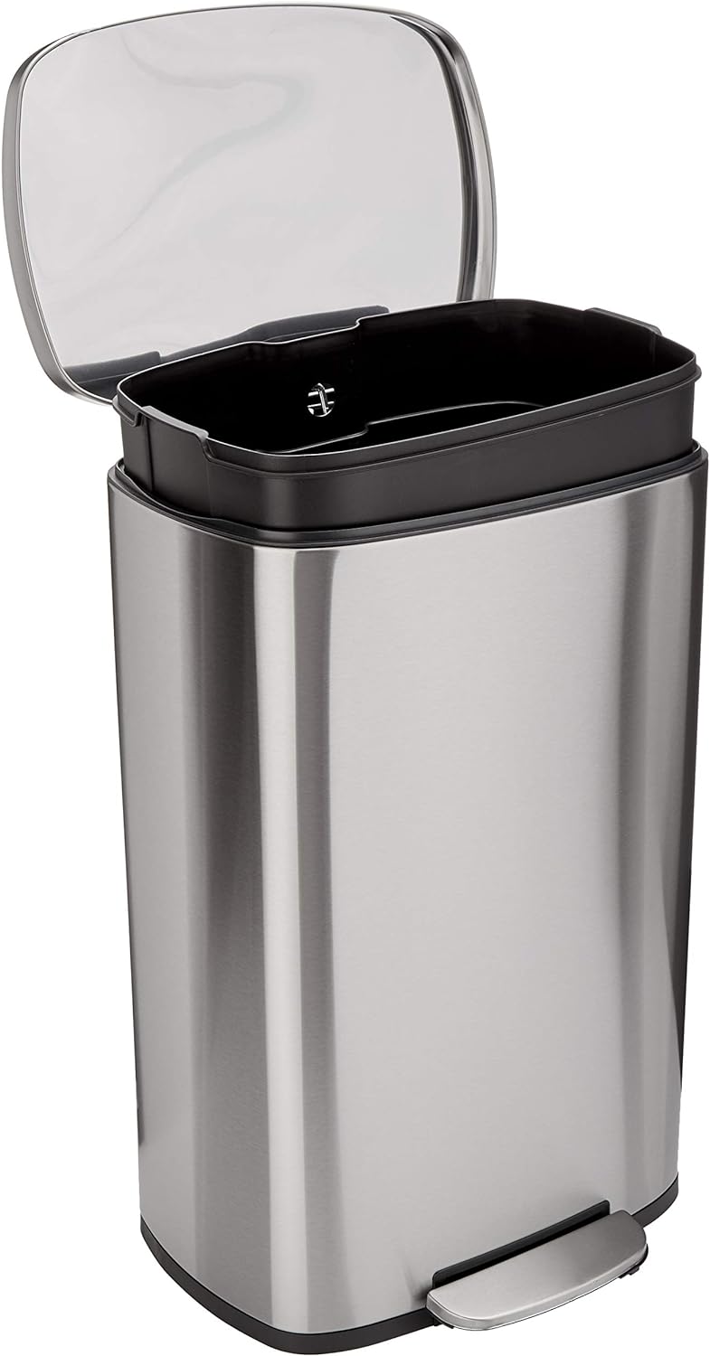 Amazonベーシック ゴミ箱 50L(50リットル) ソフトクローズ 静音 ふた付き ペダル付き スチール製 サテンニッケル おしゃれ 長方形