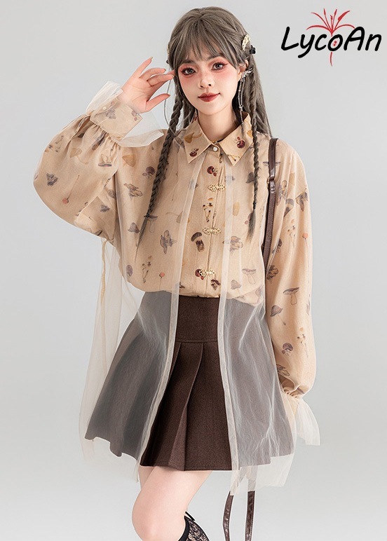 【LycoAn】マッシュルームヴェールブラウス /きのこ柄/シアー/シャツ