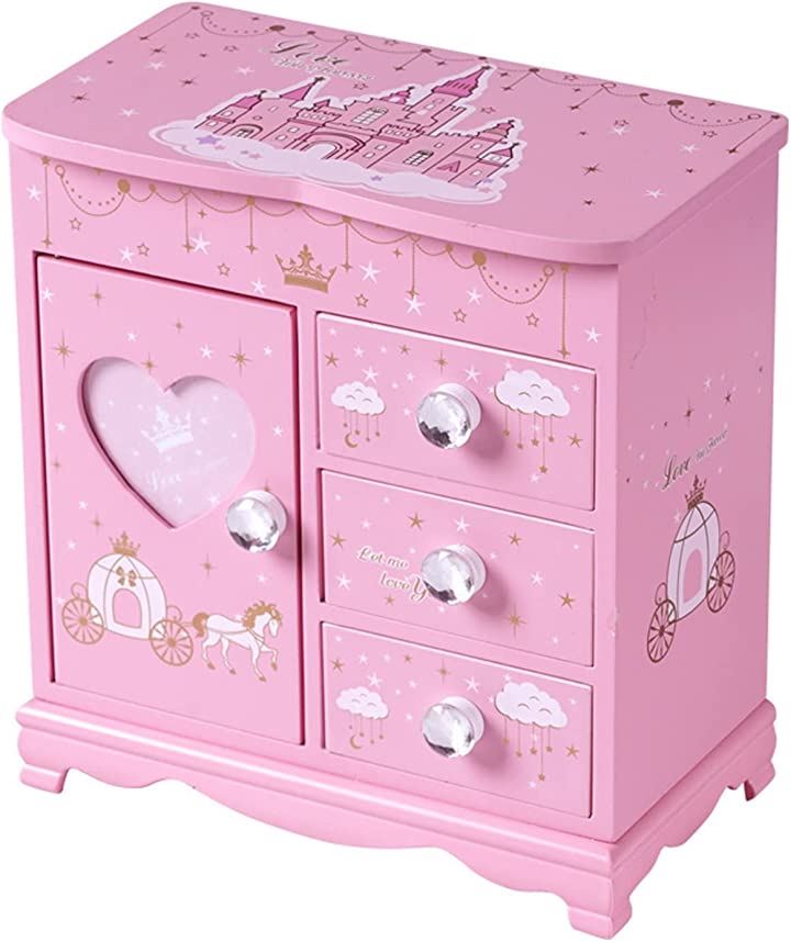 木製 子供用 アクセサリー ケース ジュエリー ボックス 女の子 鏡付き おもちゃ 宝石箱 収納 BOX 宝物(城アクセサリー付き)