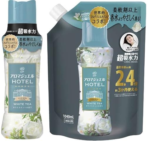 【まとめ買い】レノア ハピネス アロマジュエル ホワイトティーの香り 本体 420ml + 詰め替え 特大 1040ml 柔軟剤 香り付けビーズ 長続き 消臭 ホテルの香り 当店オリジナルメッセージカ