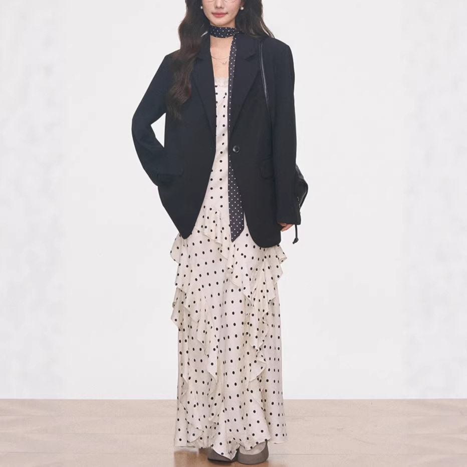 【春季新製品】WESTAYO 水玉模様ワンピース 女性用 春夏 スリム効果 通勤用 高級感+黒色スーツ