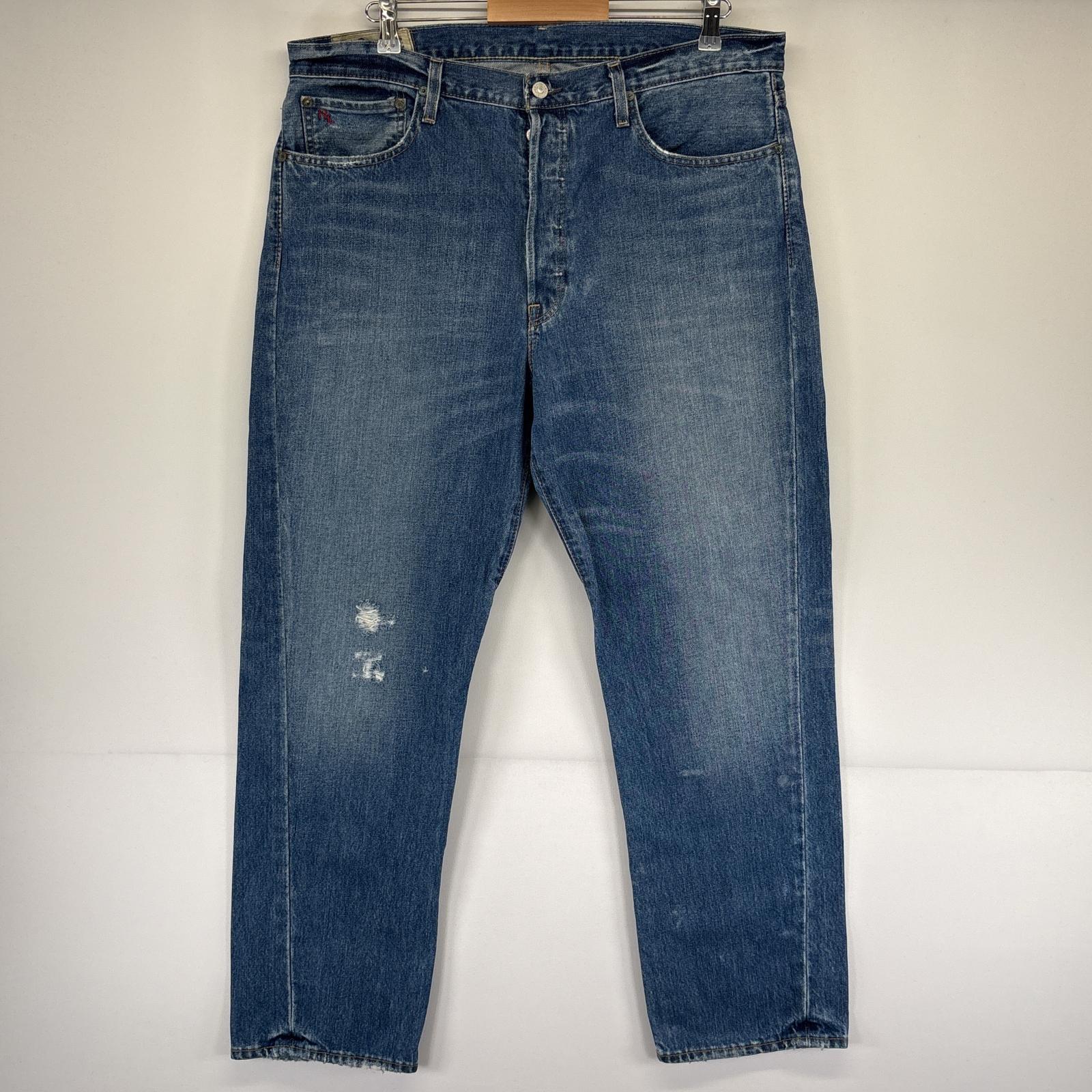 古着 デニムパンツ ボタンフライ ストレート 色落ち ジーパン ダメージ加工 w36 L30 ブルー メンズ