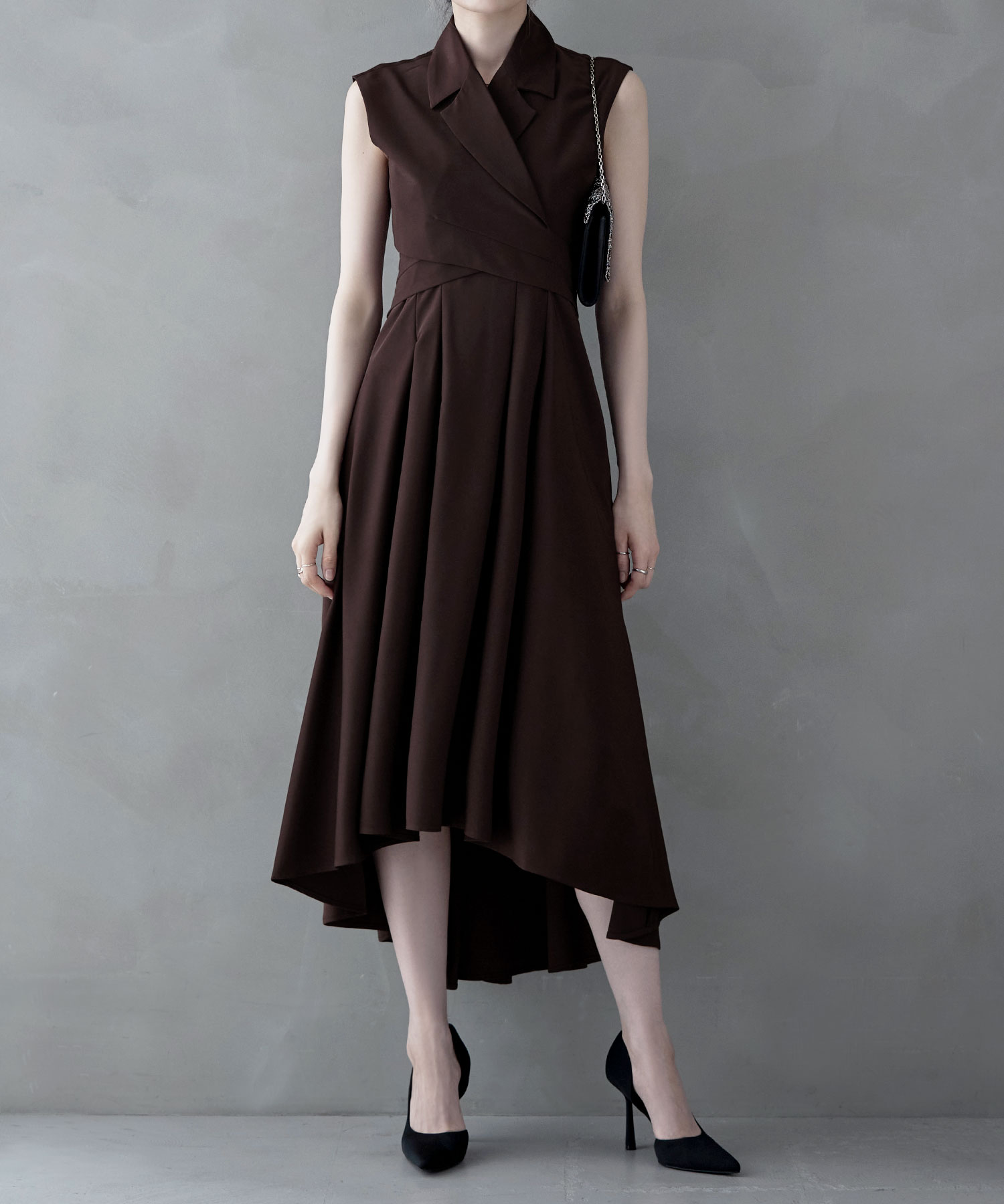 Many wayジャケットライクスリーブレスドレス ワンピ ワンピース ドレス フレアドレス キャミワンピ オケージョン ノースリーブ オケワンピ テーラード ジャケット カシュクール ロング