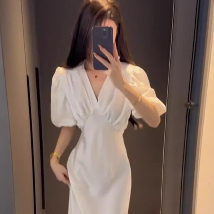 ワンピース プルオーバー フレアワンピース マキシ丈 袖あり 半袖 ボリューム袖 パフスリーブ Vネック 襟なし フレア Aライン ウエストマーク ハイウエスト ポリエステル 大人可愛い きれいめ