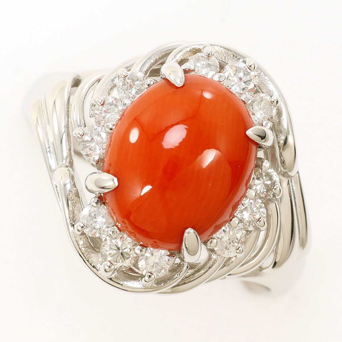 PT850 プラチナ リング・指輪 14号 サンゴ 2.41ct ダイヤモンド 0.35ct カード鑑別書 総重量約7.3g 中古