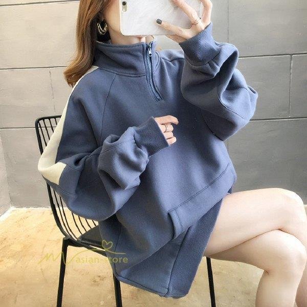 プルオーバー レディース 秋 冬 トップス カットソー トレーナー 長袖 無地 チュニック 立ち襟