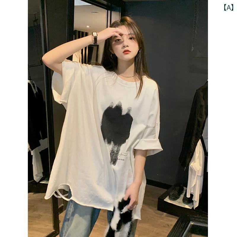 レディース トップス カジュアル おしゃれ 白 綿 大きめ 半袖 t シャツ 夏 スリム レングス ダメージ t シャツ
