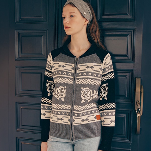 VINTAGE FLOWER KNIT ZIP UP GRAY