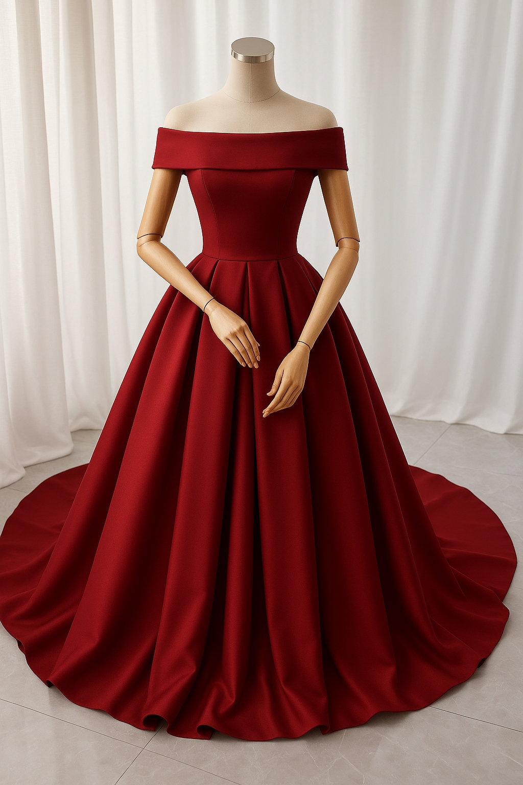 カラードレス ボルドー色 オフショルダー 光沢サテン 立体ドレープ 結婚式 派手な ファスナー