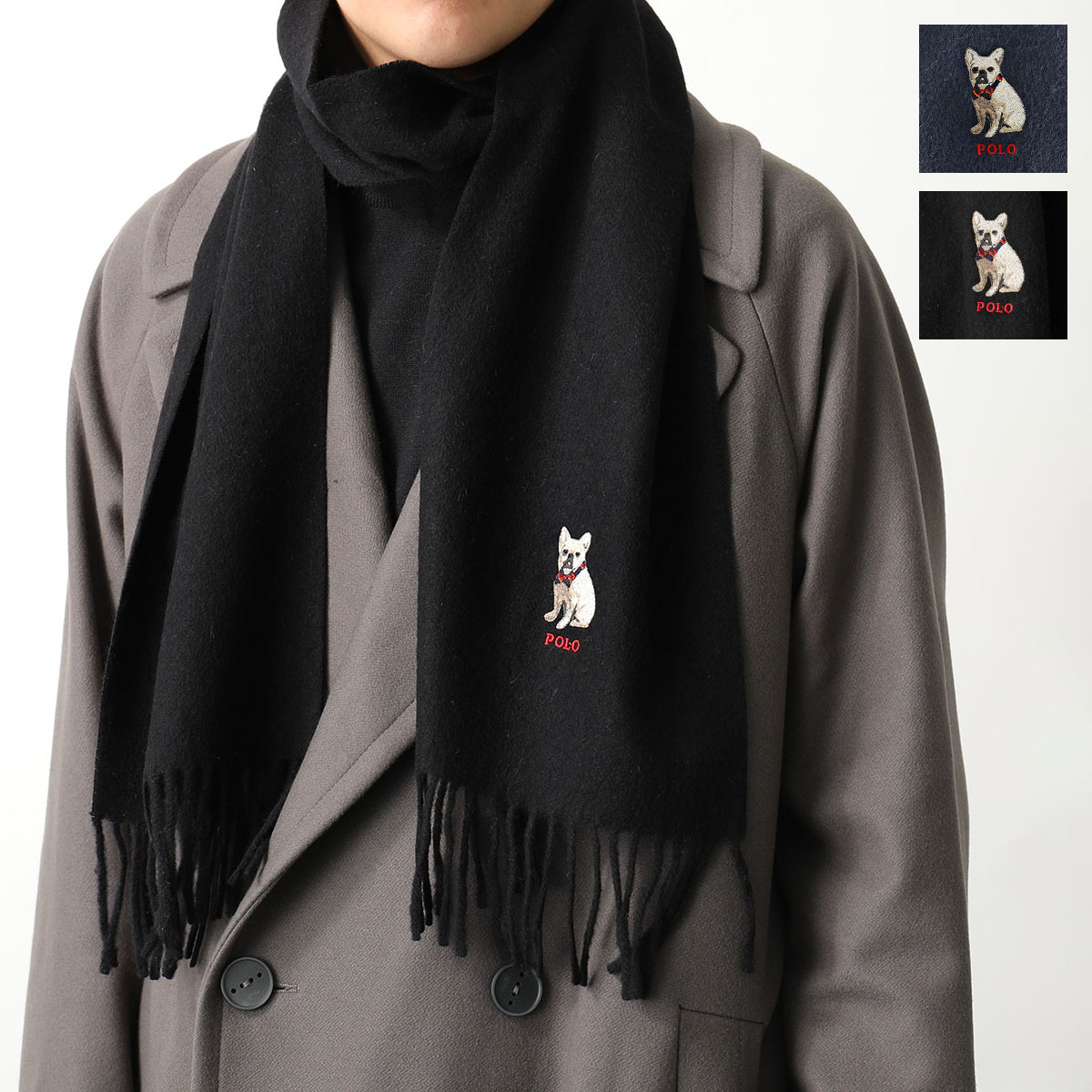 Polo Ralph Lauren ポロ ラルフローレン マフラー PC1213 メンズ フリンジ ロゴ 犬 イヌ フレンチブルドッグ 刺繍 ウール カラー2色