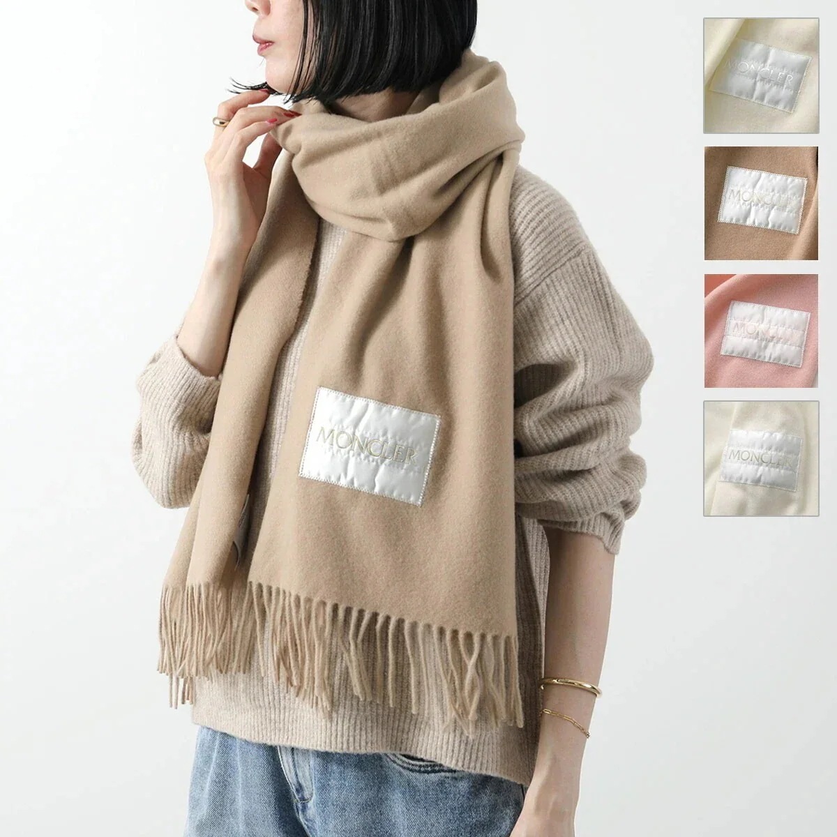 MONCLER モンクレール ストール 3C00016 3C00013 3C00024 595MA レディース マフラー ウール ロゴパッチ フリンジ 大判 カ