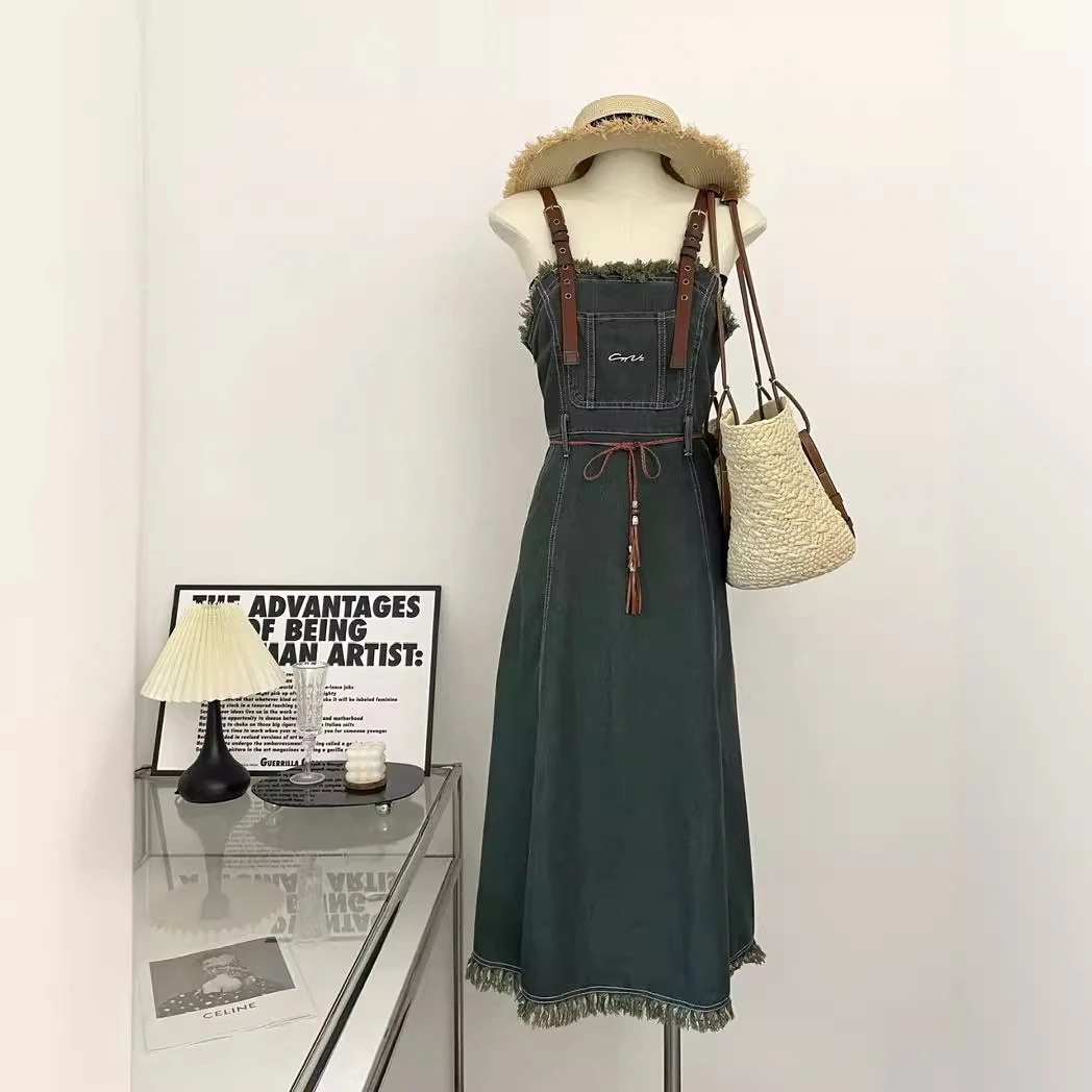 3日出荷 ワンピース夏 レトロ デニム サロペット キャミソール ミディアム丈 春服 レディース