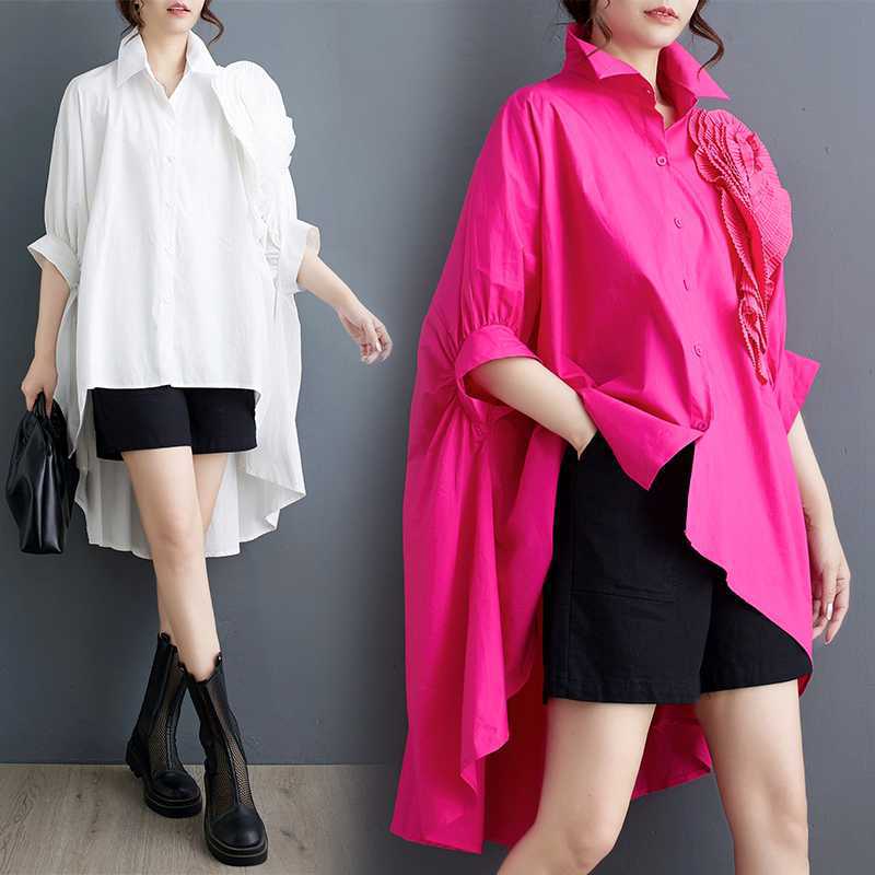 「ファットガール」 2024夏新品 前短後長 花飾り ロングブラウス 体型カバー チュニック 大きいサイズ レディース シャツ メガ割30%までに制限