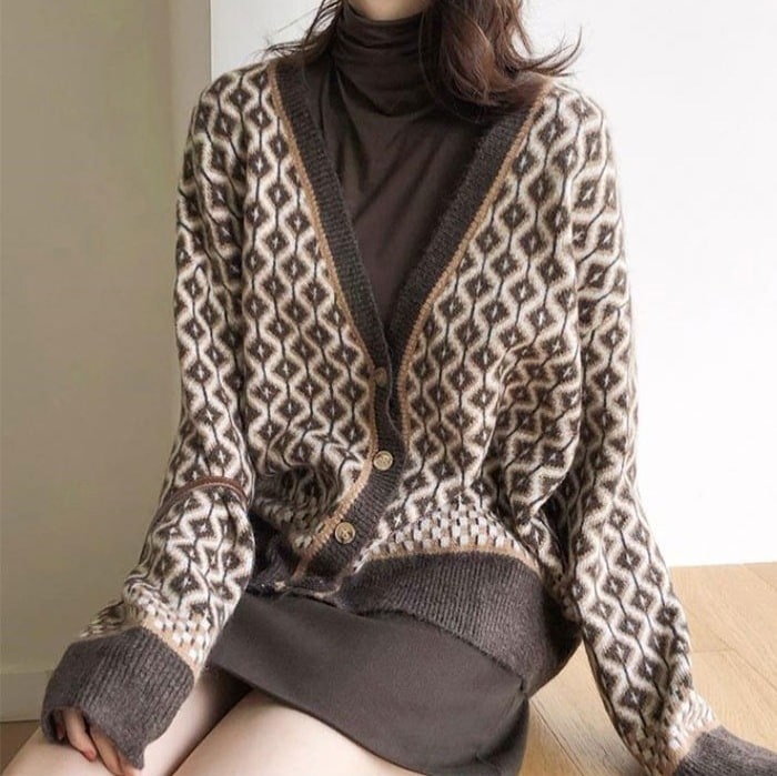 レトロショートカーディガン 長袖ニットカーディガン 秋冬カーディガン ダイス柄ニットカーディガン トップス アウター ニットソー セーター カーディガン 上着 ショート ショート丈 袖あり 長袖