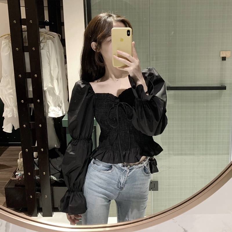 トップス シャツ ブラウス カットソー 袖あり 長袖 ボリューム袖 スクエアネック フリル リボン かわいい 大人可愛い おしゃれ お洒落 ラブリー キュート ガーリー セクシー 無地 春 秋 10代