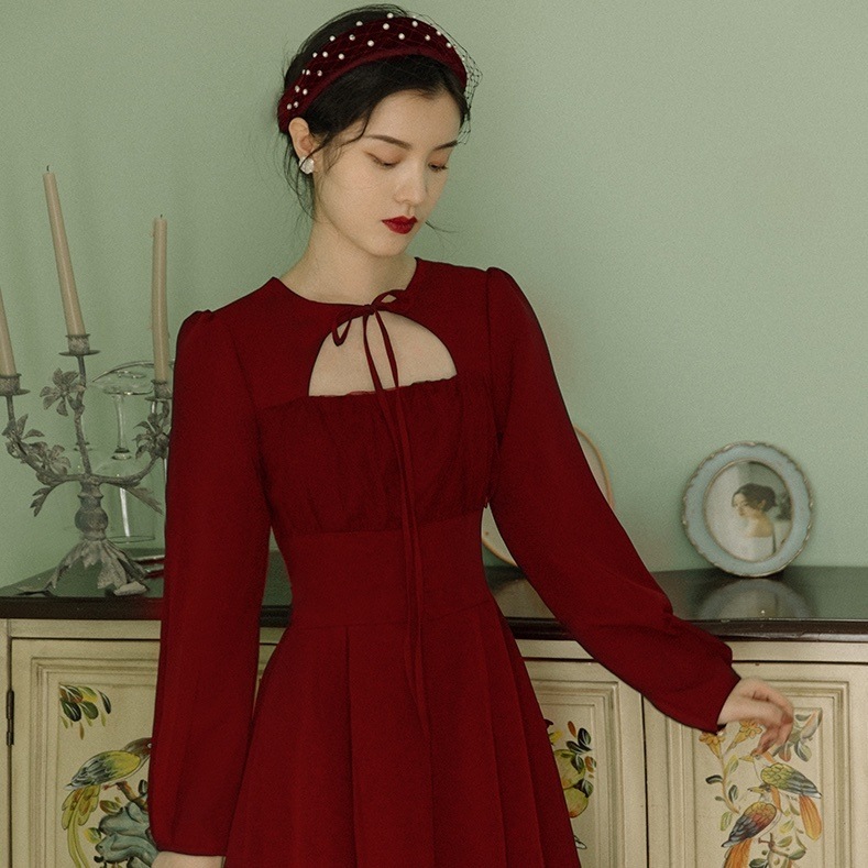 ワンピース フレアワンピース ミモレ ミモレ丈 ロング ロング丈 袖あり 長袖 フレア プリーツ リボン かわいい 大人可愛い きれいめ 上品 おしゃれ お洒落 レトロ ラブリー キュート ガーリー