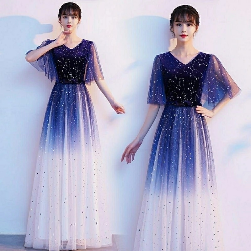 お急ぎくださいカラードレス ファスナー グラデーション ブルー ベルスリープ 演出ドレス ロングドレス 結婚式 二次会 発表会 演奏会 ウェディングドレス ウエディングドレス イブニングドレス コンサ