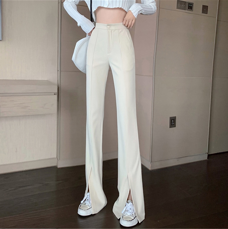 ボトムス パンツ ワイドパンツ ロング ロング丈 フレア スリット ハイウエスト きれいめ シンプル おしゃれ お洒落 かっこいい レトロ 個性的 クール モード系 エレガント 無地 春 夏 秋 冬