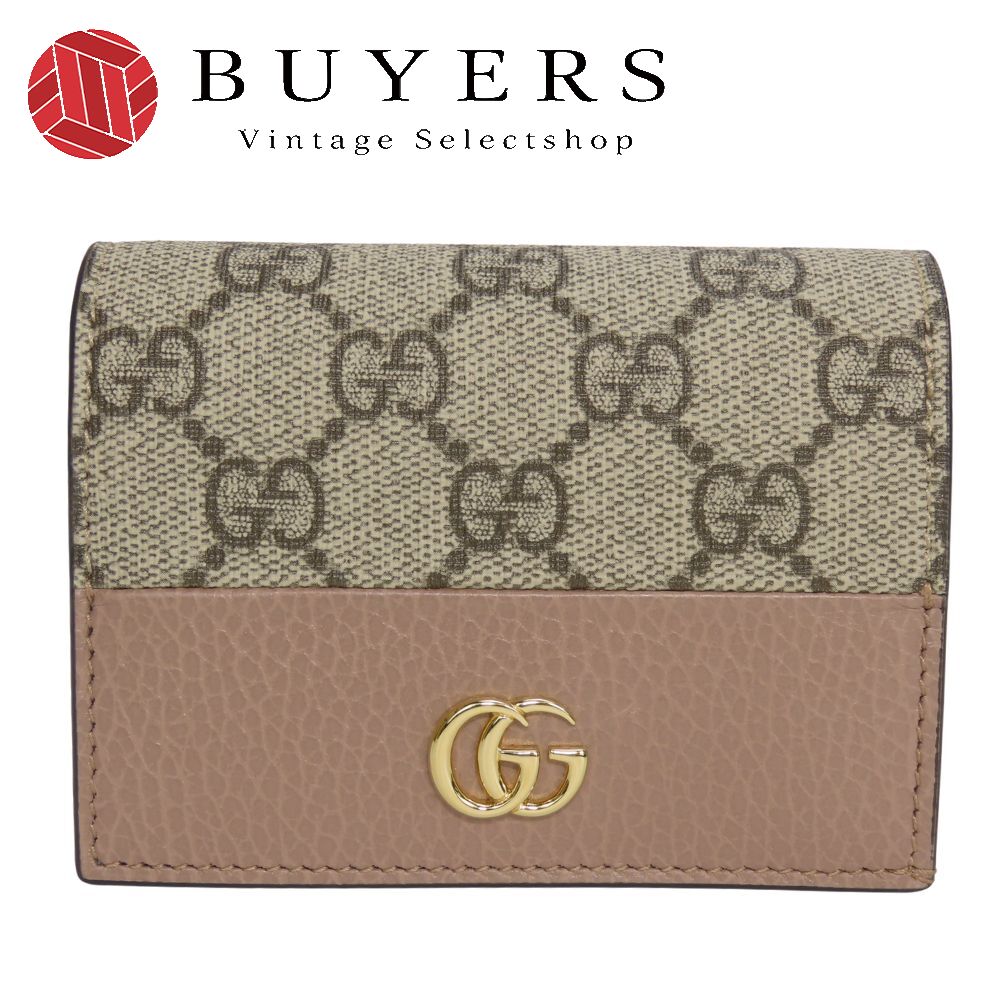 中古 極美品 二つ折り財布 658610 GGマーモント GGスプリームキャンバス レザー ダスティングピンク ベージュ ゴールド金具 バイカラー コンパクトウォレット レディース 女性