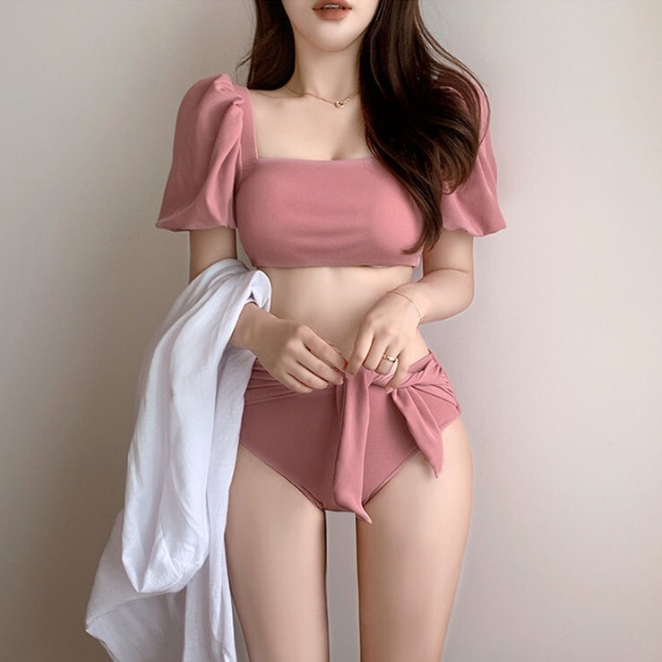 水着 ビキニ スイムウェア タンキニ セクシービキニ セパレート 二の腕カバー リボン スリーブ付き セット 上下セット 2点セット ツーピース 大人可愛い きれいめ シンプル 上品 おしゃれ お洒落