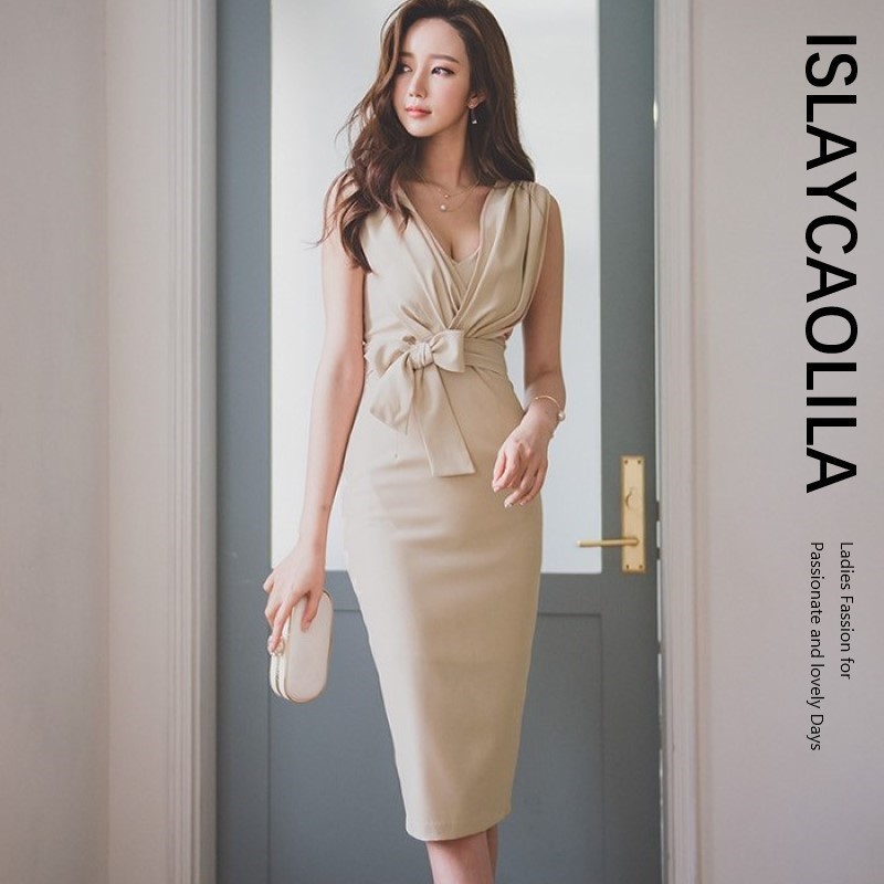 リボン ワンピース カシュクール タイト クラブドレス Vネック ノースリーブ ウエストマーク ひざ丈 スリット モテ レディース 4,711円