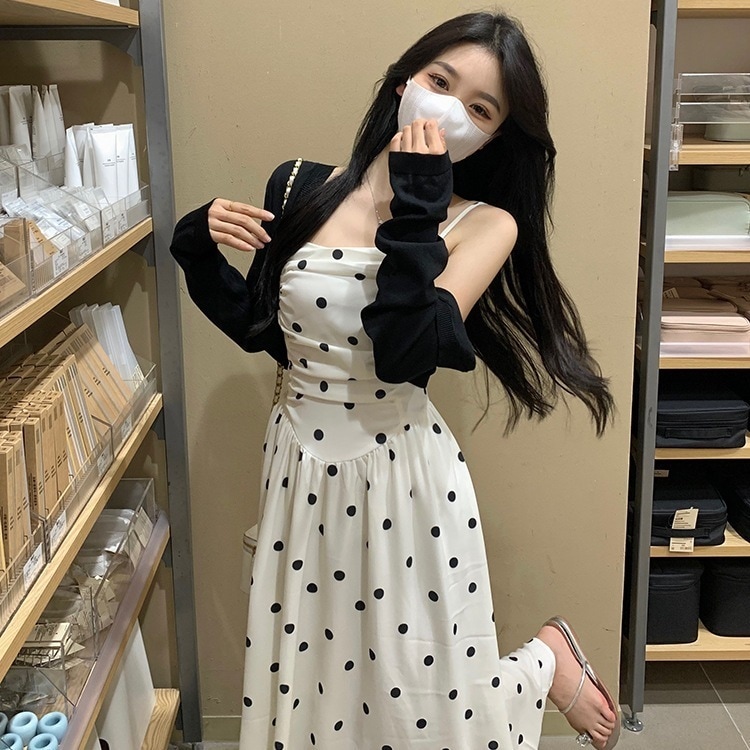5春白水玉サスペンダードレスレディースフレンチ風ウエストミモレ丈スカート2点セット