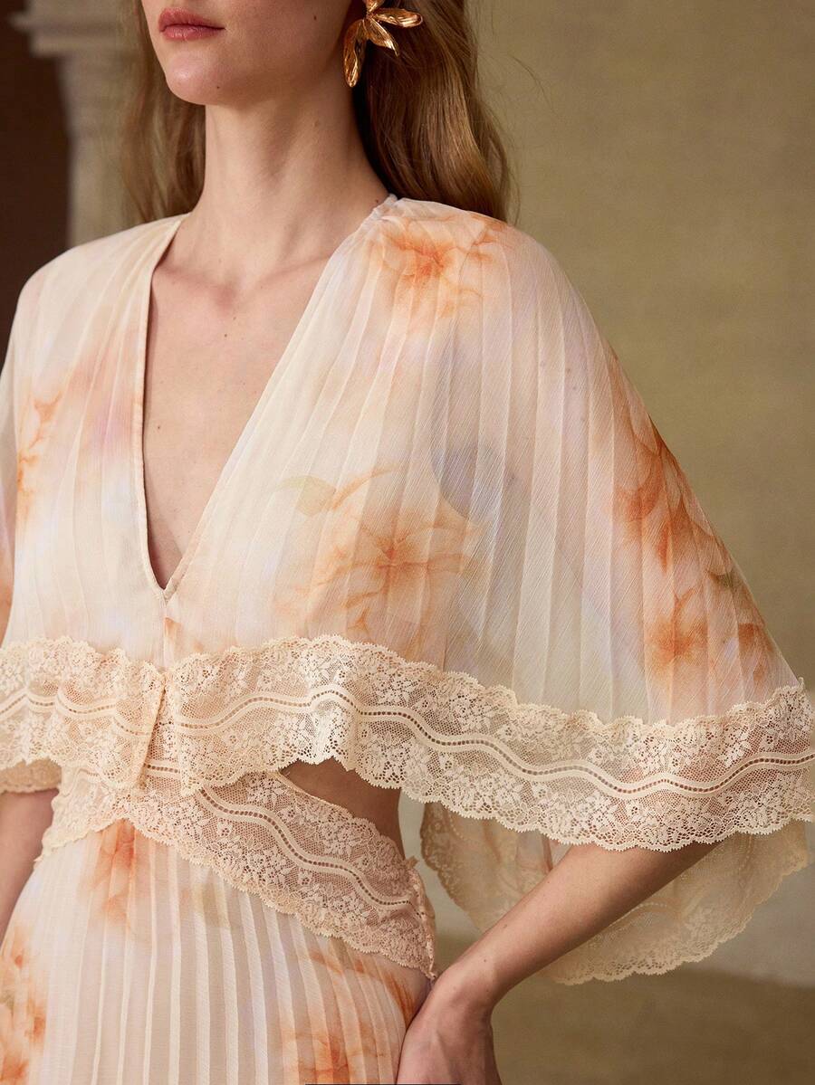 ロマンチックなプリーツレース プリントロングドレス春夏のデートに最適