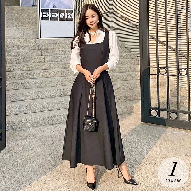 サロペット フレア ワンピース ロング フレア マキシ ジャンパースカート レディース ゆったり 体型カバー ブラック シンプル 流行 ガーリー フェミニン 可愛い きれいめ 上品 春 夏 秋 冬 無