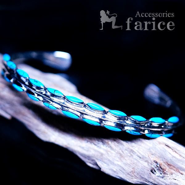 天然石 マーキスカボションカットターコイズ 2ライン装飾 メンズ インディアンジュエリー シルバー925 バングル ブレスレット