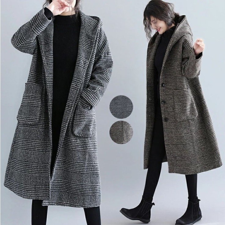 【即納】大きいサイ ゆったり チェック柄 アウター フード付き チェスターコート コート グレンチェック