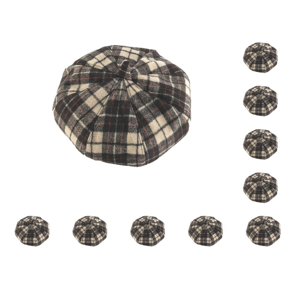 [Paowsietiviity] 10のセットチェック柄ベレー帽帽子ボンネットキャップ季節サーマルファッショナブルな英国画家ヘッドギアアーティストキャスケット八角形ベレー帽カーキ