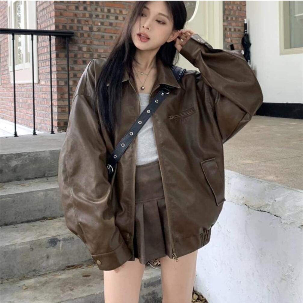 ジャケット プリーツスカート セットアップ アウター ブルゾン 羽織り ビッグシルエット ゆったり 長袖 ドロップショルダー ボトムス ミニスカート カジュアルライダースジャケット