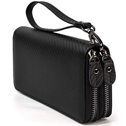 [Luufan] 長財布 メンズ カーボンレザー ラウンドファスナー 4収納室 大容量 本革 財布 スマホ対応 カード24枚収納 レザー チェーン付き 小銭入れ付き ブラック セカンドバッグ 携帯2台