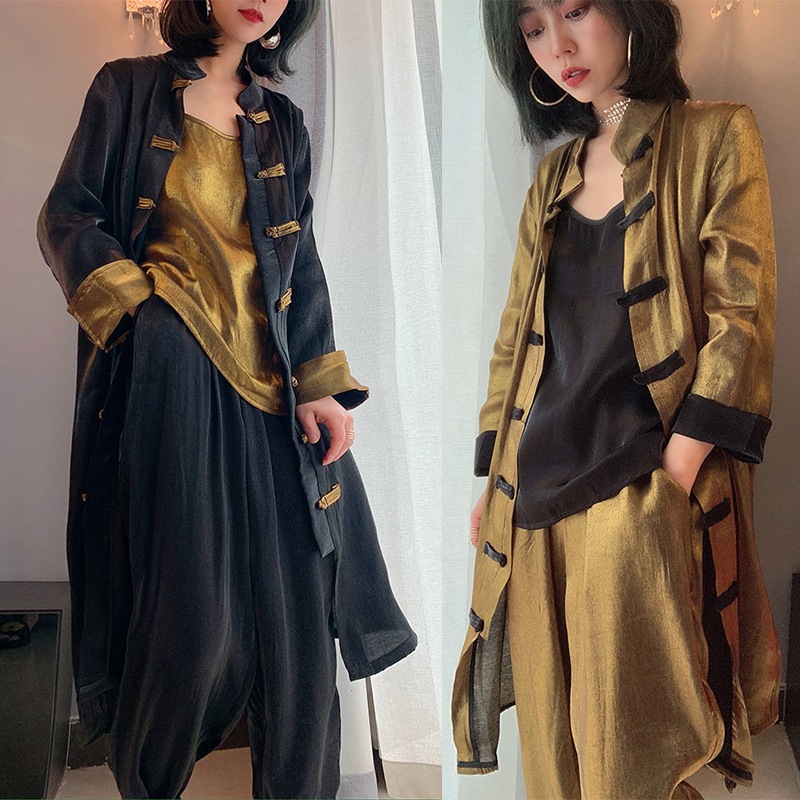 チャイナ風服 普段着 改良唐装アウター 長袖 カーディガン キャミソール レディース セットアップ パンツ 厚手シャツ 黒 金