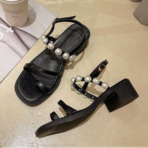 レディースシューズ 婦人靴 ミドルヒール ストラップ付きサンダル トングサンダル ラウンドトゥ アーモンドトゥ バックストラップ レザー調 フェイクレザー パール ビジュー アクセ付き lsho013