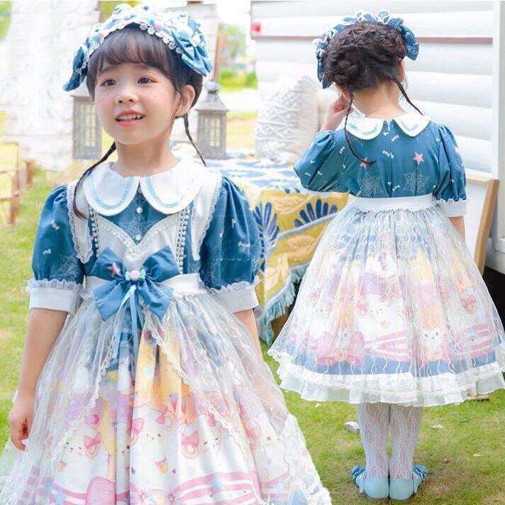 【大人気】子供ロリータドレス　リボン　女の子Lolitaワンピース　半袖　エプロン　髪飾り　お嬢様ゴスロリ レース　Lolita　3点セット　コスプレ　姫様 魔女 仮装 変装