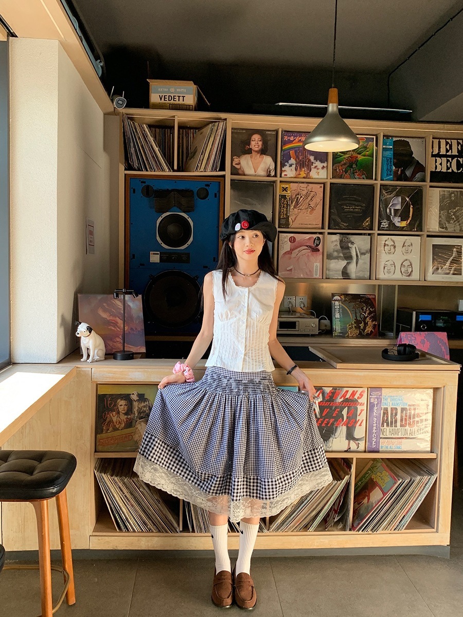 スイート文芸スプライシングレースハイウエストaラインチェック柄スカート2024夏