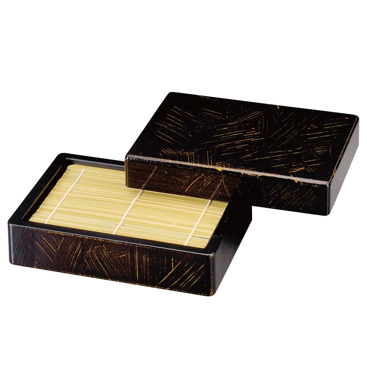 福井クラフト(Fukui Craft) そば皿 黒 20.8x14.8x4.5cm ざる そば うどん 用DX盛ざる 黒溜シルクGC塗+蓋+竹ス 5-661-21+22+23