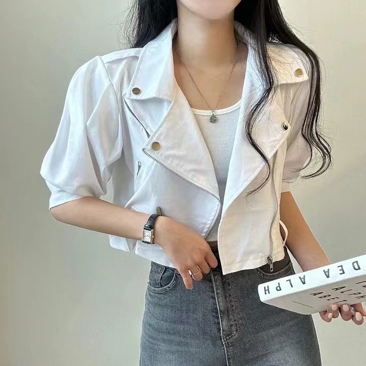 新作入荷 個性的 3色 バイカージャケット ライダース レディース アウター 上着 ジャケット ショート 袖あり 半袖 五分袖 パフスリーブ 襟付き 大きな襟 デカ襟 前開き インスタ映え 流行 トレ