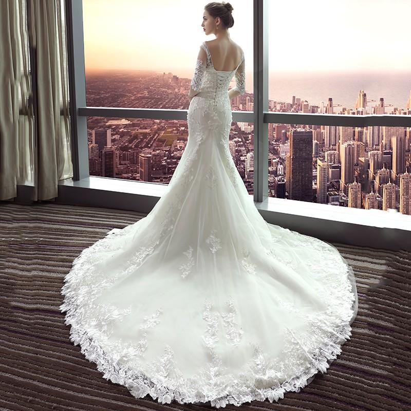 ウェディングドレス マーメイドライン 結婚式 ウエディングドレス 花嫁 長袖 ロングドレス 披露宴 マーメイドドレス 二次会 ブライダル 安い バックレス-666