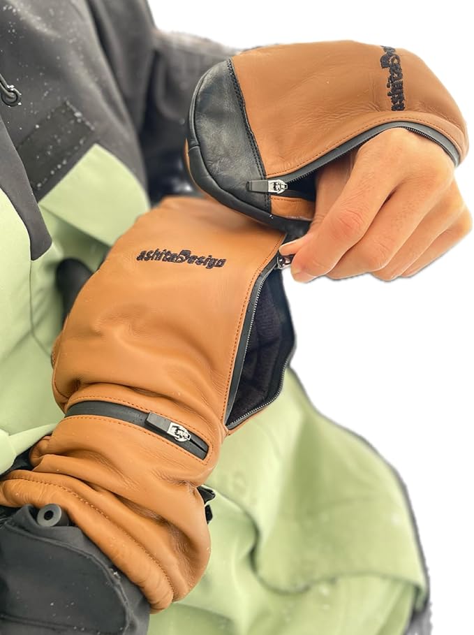 スキースノーボードに便利過ぎるレザーミトングローブ リフト券入れ ダブルレザー 手が出せる 止水zip インナーが出せる 洗いやすい 乾燥が早い(S)