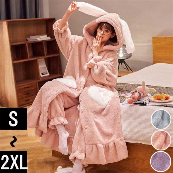 【激安開催！】フード付き パジャマ レディース 冬 うさぎ耳付き ガウン バスローブ ルームウェア 女子会 ナイトガウン 着る毛布 もこもこ 寝巻き 女性用 ふわふわ 前開き 裏起毛 可愛い 部屋着