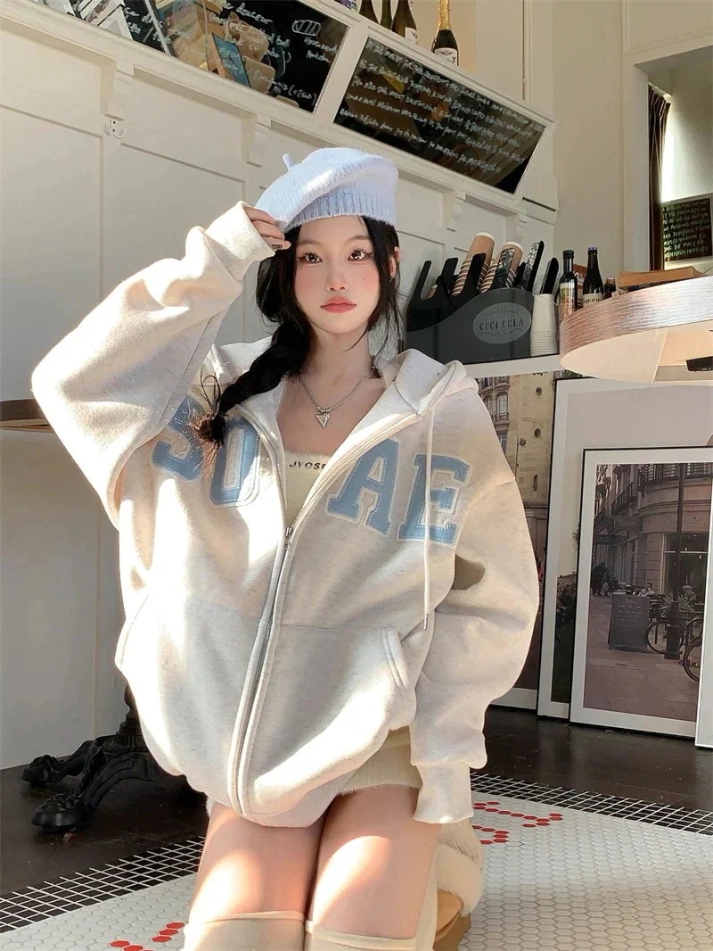 24トップス フード付き韓国風長袖ゆったり白黒おしゃれレトロチャックシルエット韓国フルサイズファッション系ルーズレディースサイドお出かけ学生通学トラック羽織り 厚手裹起毛 パーカー かわいい