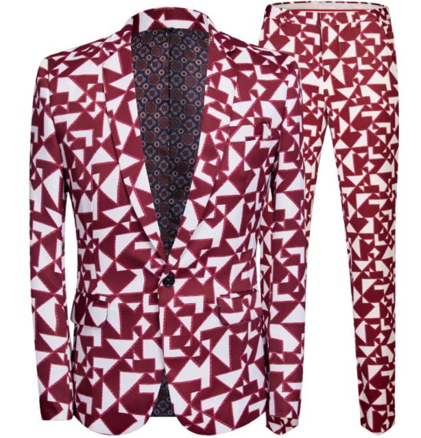 メンズスーツセット 欧米風 花柄 総柄プリント スーツ上下2点セットアップ 赤 幾何図 一つボタン アメカジ系 結婚式 パーティー 発表会 ステージ衣裳 ダンス 衣装 イベント 忘年会 カラオケ コス