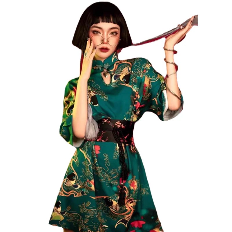【快速出荷】チャイナドレス ミニ 緑 半袖 セクシー 錦鯉柄ワンピ チャイナ風 ワンピース コスプレ 春 夏 チャイナ服 普段着 腰巻付き