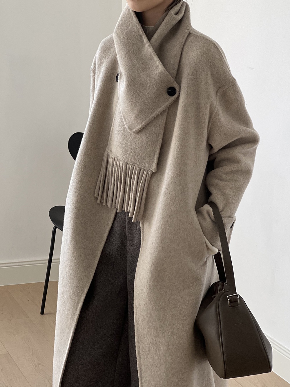 スカーフ取り外し可能ツイードコートロング両面ツイードジャケットの女性の秋と冬の新セクション