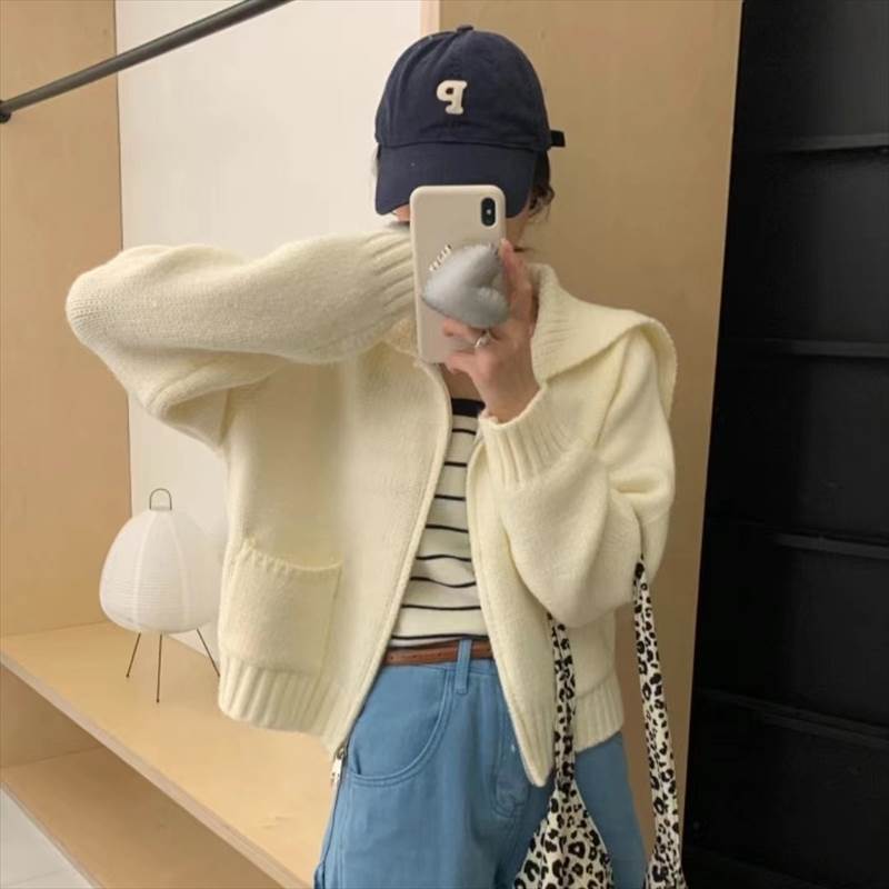 ニット カーディガン アウター レディース セーター 長袖 前開き フルジップ ショート丈 ポケット ビッグ襟 かわいい 大人可愛い きれいめ シンプル 上品 おしゃれ かっこいい カジュアル こなれ